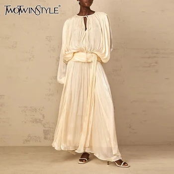 TWOTWINSTYLE Solid Loose Spliced Folds Elegant Dresses for Women Round Neck Long Sleeves Patchwork Lace Up Dress Female Fashion 1