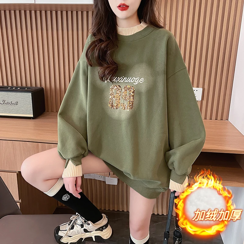

Lazy Wind Long Half Turtleneck Hoodie Coat Female Autumn and Winter Loose Large Size Plus Fleece Thickening Top