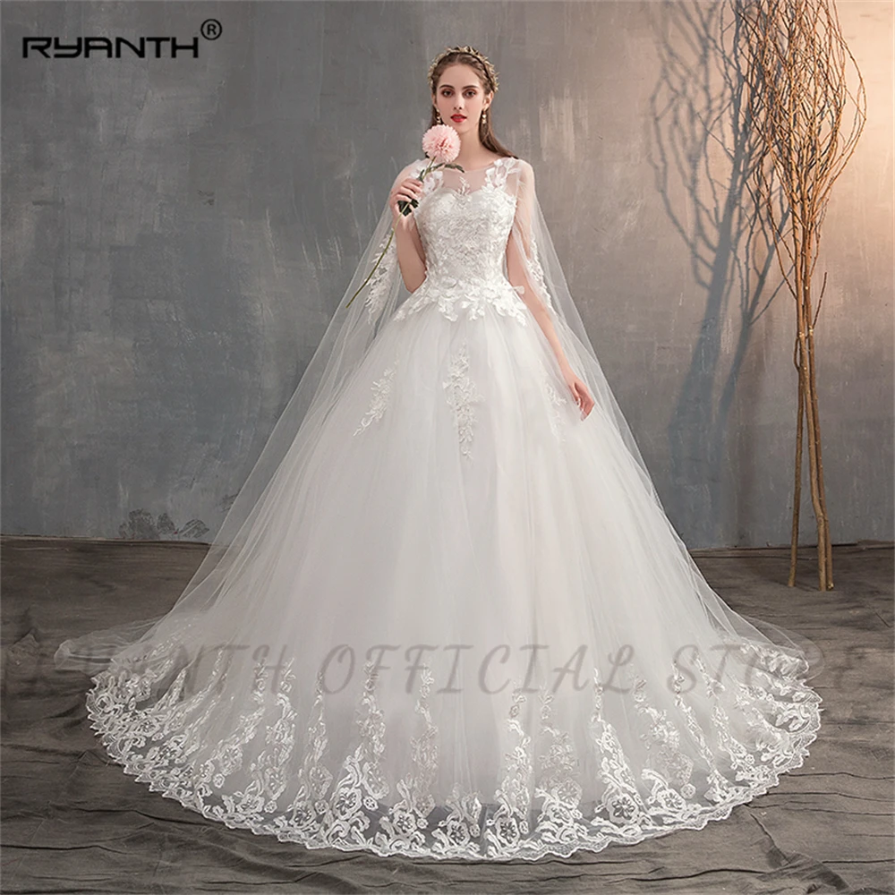 

Ryanth 2024 Luxury Wedding Dress With Long Cap Sleeves Lace Appliques Princess Bridal Gown Long Train Plus Szie Vestido De Novia