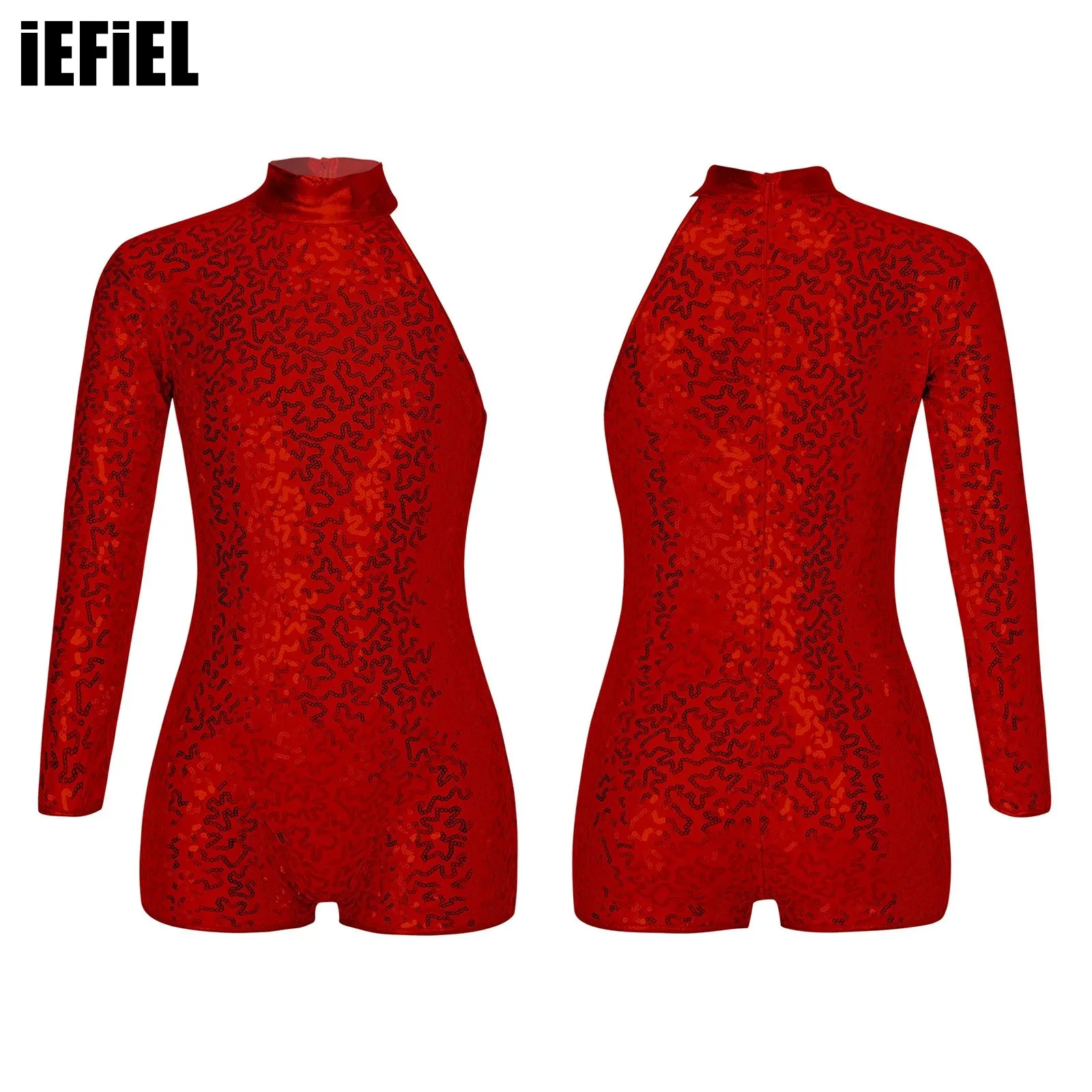 

Kids Girls Sequins Dance Leotards Single Long Sleeve Texture Decorated Invisible Zipper Closure Back Jazz Shiny Jumpsuit