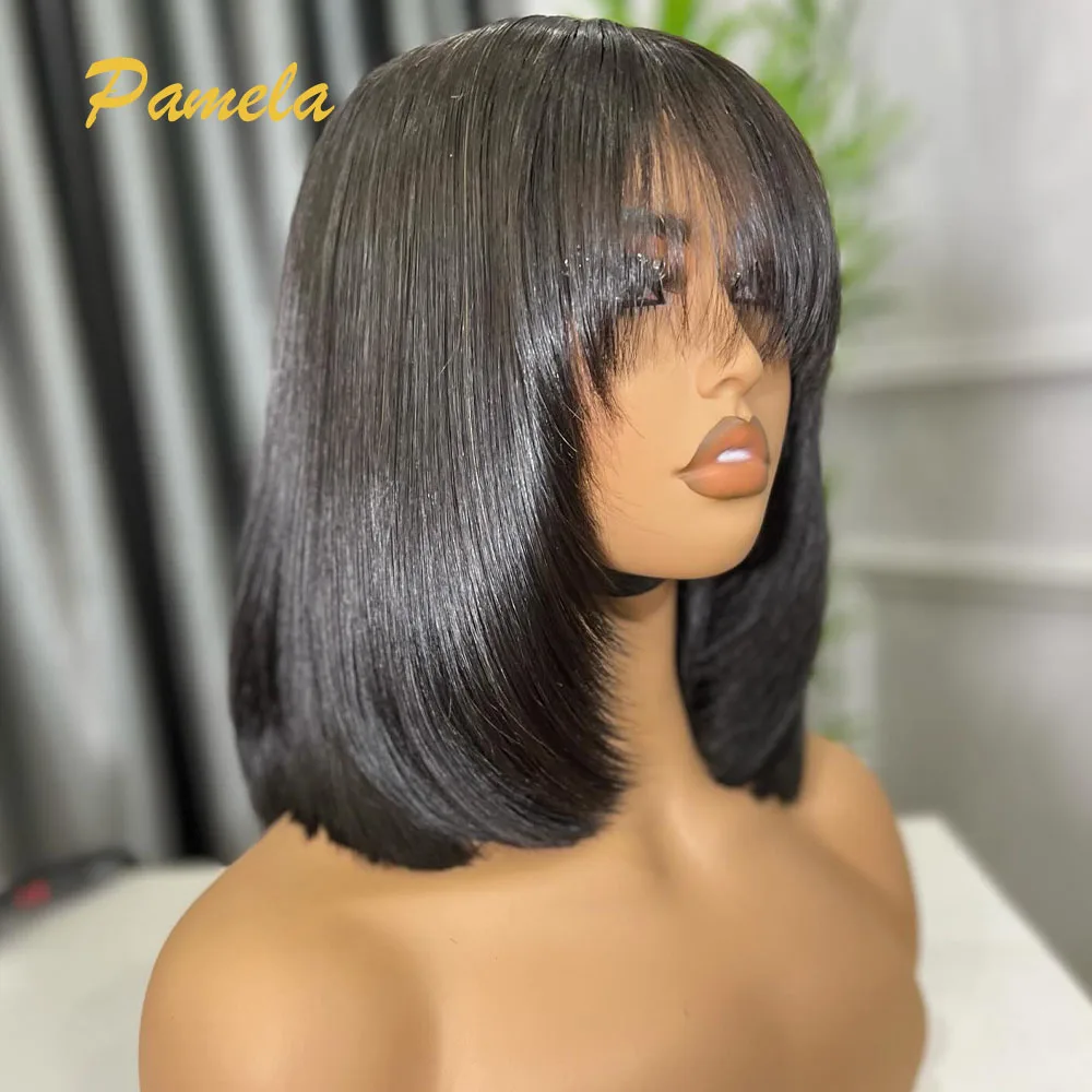 Pixie Cut Short Bob Glueless Wig Human Hair Ready To Wear 250% Density Bone Straight 4x4 Transparent Lace Closure Wig With Bang