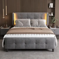 Роскошная двуспальная кровать с бархатной обивкой 140x200 см — 16-цветные умные светодиодные ленты RGB, 3-скоростное регулируемое изголовье, мягкая голова и ножка