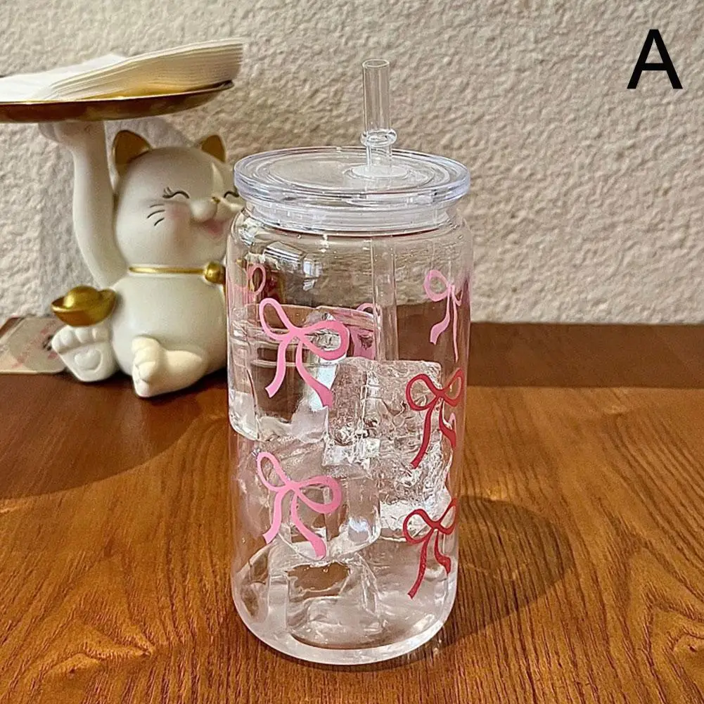 Charming Bow Glass Tumbler with Lid and Straw - Perfect for Iced Coffee, Juice, and Gifts