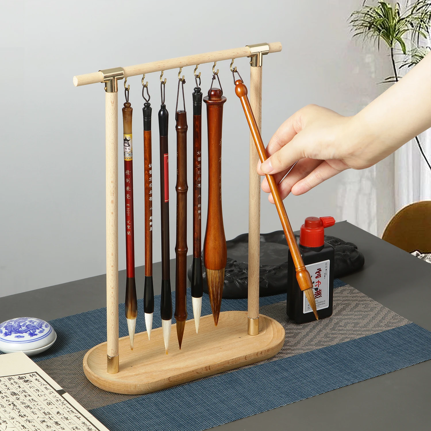 Wood Chinese Brush Pen Holder Calligraphy Rest Ink Hanger For School