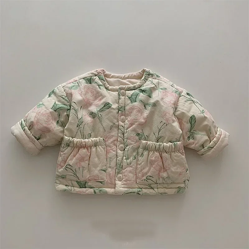 Korean Kids Boutique Clothing Down Jacket Coat Autumn Winter New Floral Printed Fashion Plaid O-neck Cotton Coat Warm Cute down jacket,children jackets