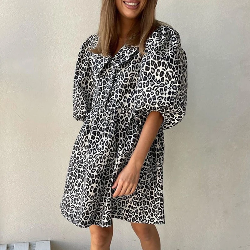 

Elegant Single Breasted Lapel Office Shirt Dress Spring Retro Leopard Print Women Party Dress Autumn Lantern Sleeve A-Line Dress