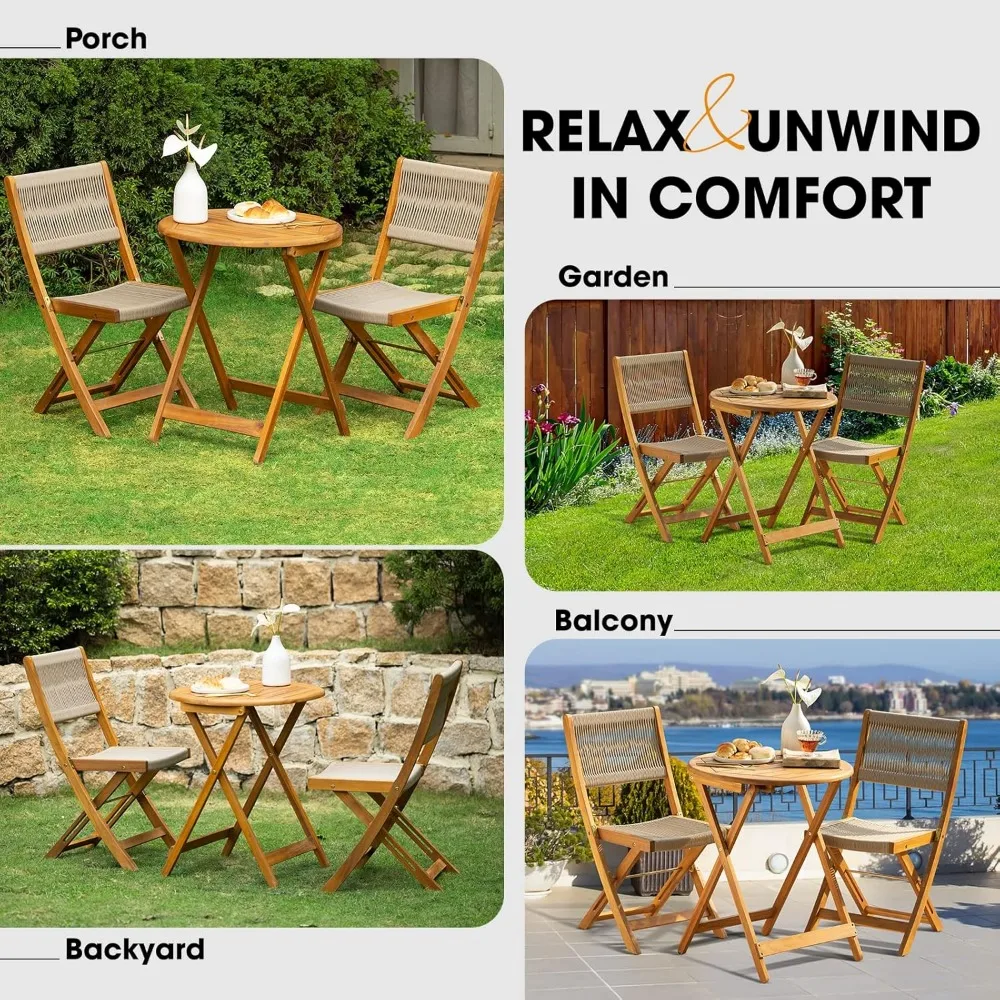 Wood Rope Design Heavy Duty 400lbs Capacity Patio Bistro Set 3 Piece Outdoor, Folding Chairs with Elegant