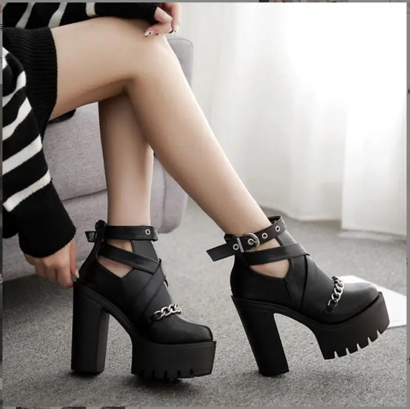 2023 sexy High heels Fashion Ankle Boots For Women High Heels Casual Cut-outs Buckle Round Toe Chain Thick Heels Platform Shoes