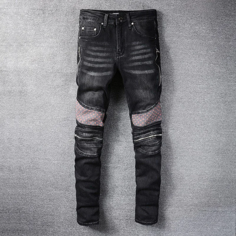 

New 2022 AM Jeans High Street Brand Knee Zipper Stitching Old Punk Stretch Slim Pants Jeans For Men Stretch Slim Denim Pants 822