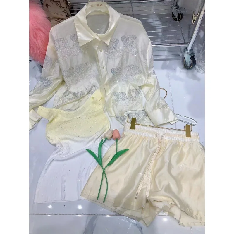 Cartoon Hot Drilling Polo Collar Long-Sleeved Shirt Women Summer Thin Sunscreen Shirt and Loose Casual Shorts Two-Piece Sets