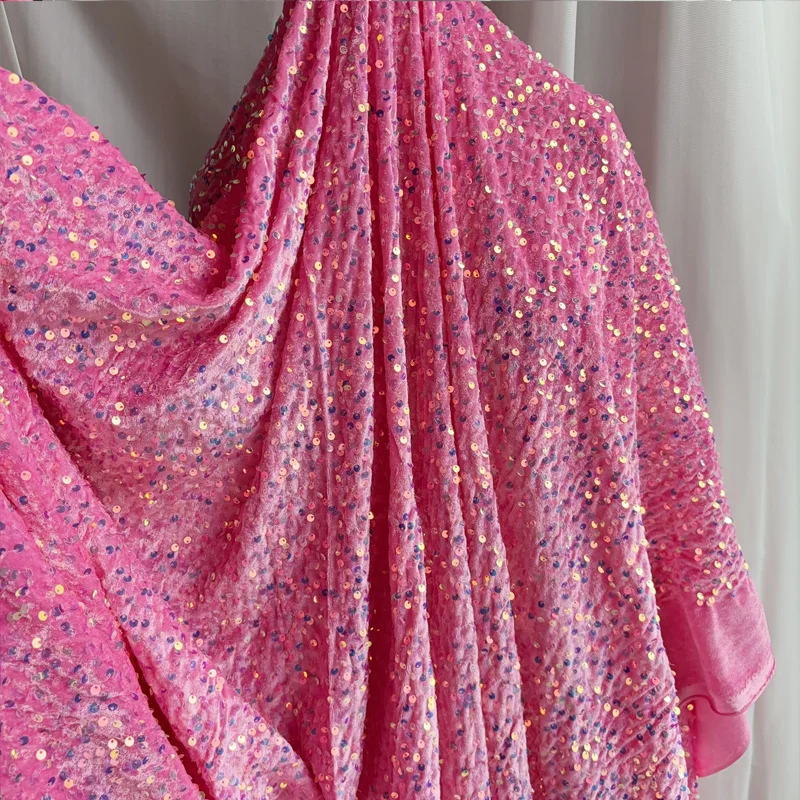Vibrant Orange Pink Stretch Velvet Sequin Fabric for Apparel and Decor Projects