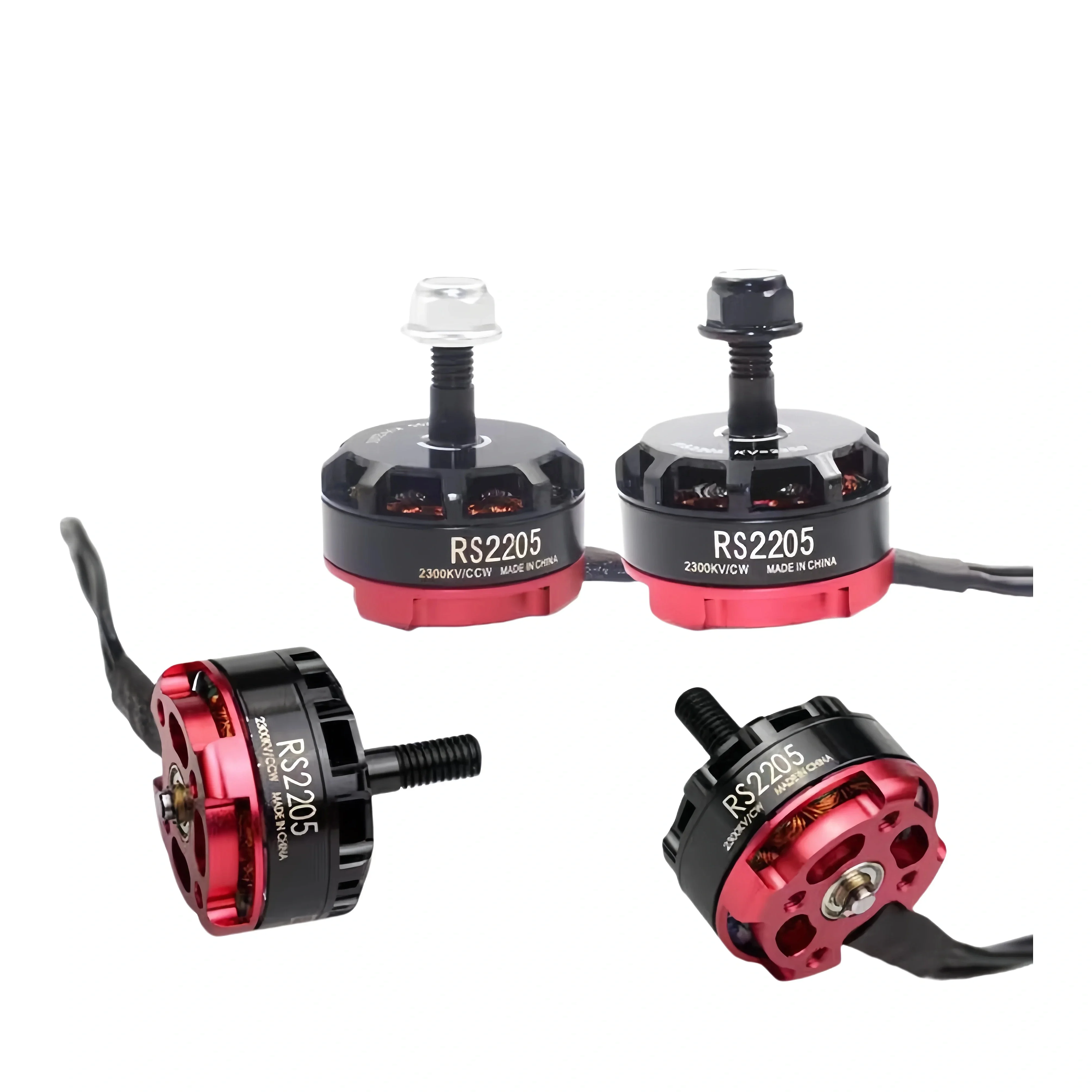 Vue de dessus du moteur sans balais RS2205 2300KV CW/CCW, avec les trois câbles et le logo du fabricant