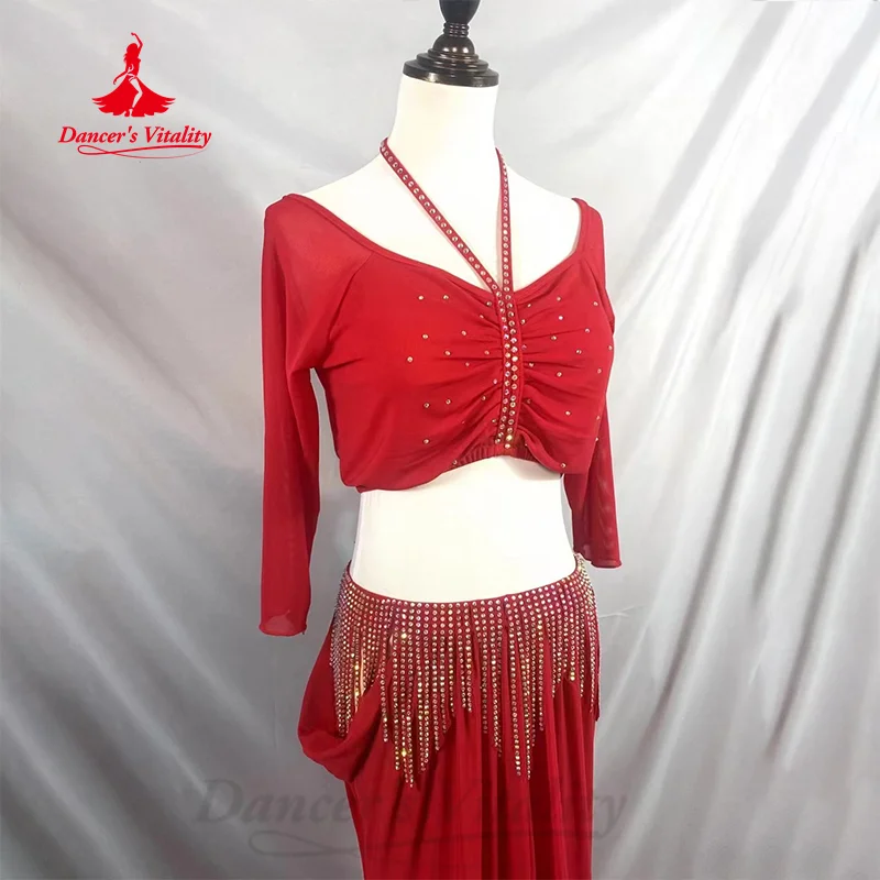 밸리 댄싱 의류 세트, 가벼운 럭셔리 AB 스톤 탑 + 태슬 쉬폰 스플릿 롱 스커트, 오리엔탈 댄스 공연 코스튬, 2 개