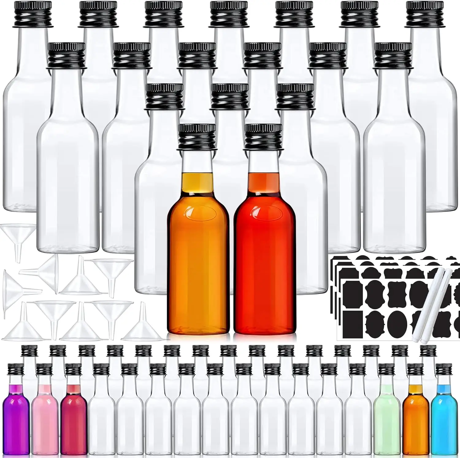 

1.7Oz Mini Liquor Bottles,Plastic Hot Sauce Bottles with Funnels,Airtight Shot Bottles,Little Spirit Bottle with Black Cap