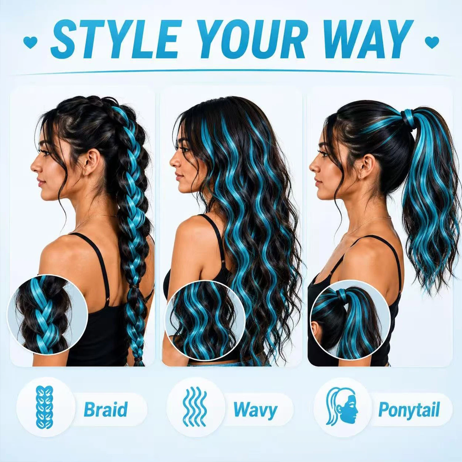 Extension per Capelli Colorati con Clip in Blu Teal 5/10 Pezzi Sintetici - immagine 2
