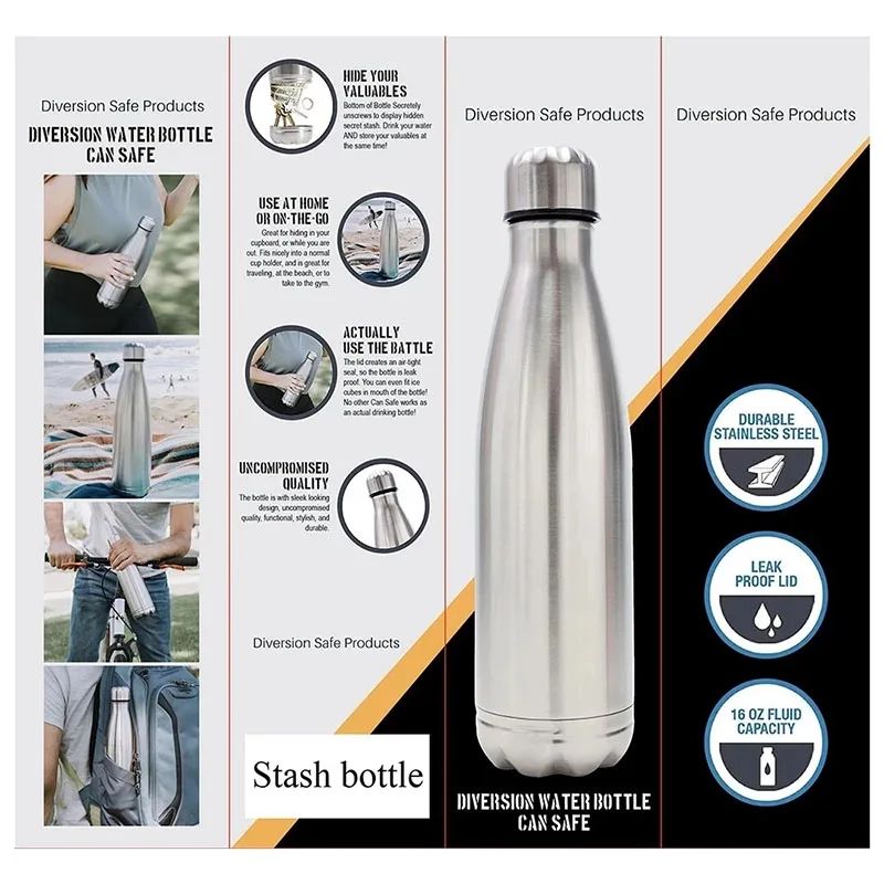 Botella de agua segura de 750 ml, botella de cola de acero inoxidable, termo al vacío con espacio de almacenamiento secreto, botellas deportivas portátiles para ciclismo_voghion.com