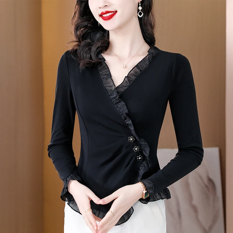

Fashion Ruffle Women Shirt Autumn French Style V-Neck Irregular Slim Long Sleeve Tops Hipster Asymmetrical Office Lady Blouse