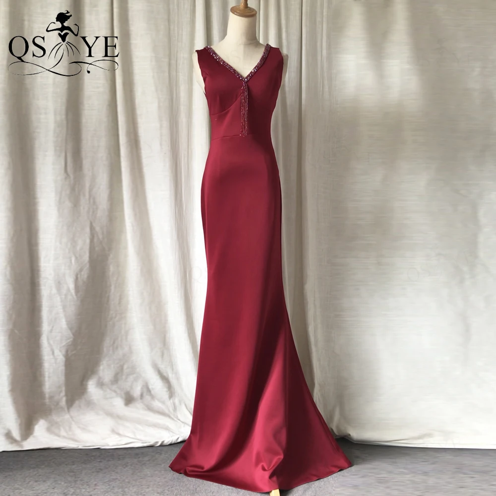 

Burgundy Satin Prom Dresses Stretchy Mermaid Evening Gown Crystals Beading V Neck Elastic Formal Sleeveless Backless Party Dress