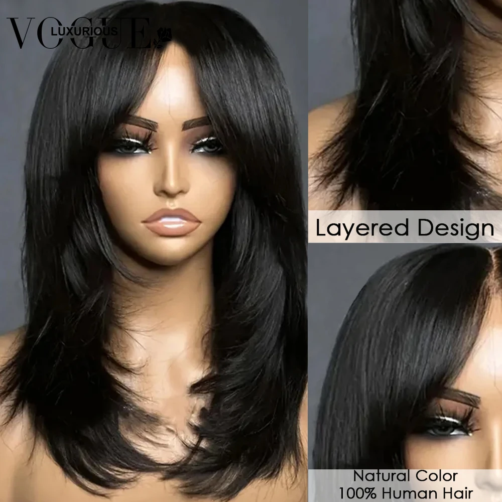 

Natural Color Straight Human Hair Wig Brazilian Remy On Sale Inspired Layer With Curtain Bangs 4X4 Closure Lace Wigs Pre Plucked