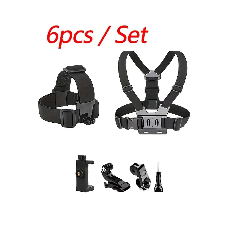 Enhanced Action Camera Kit: 6-Piece Set with Head and Chest Straps for Increased Stability and Versatility