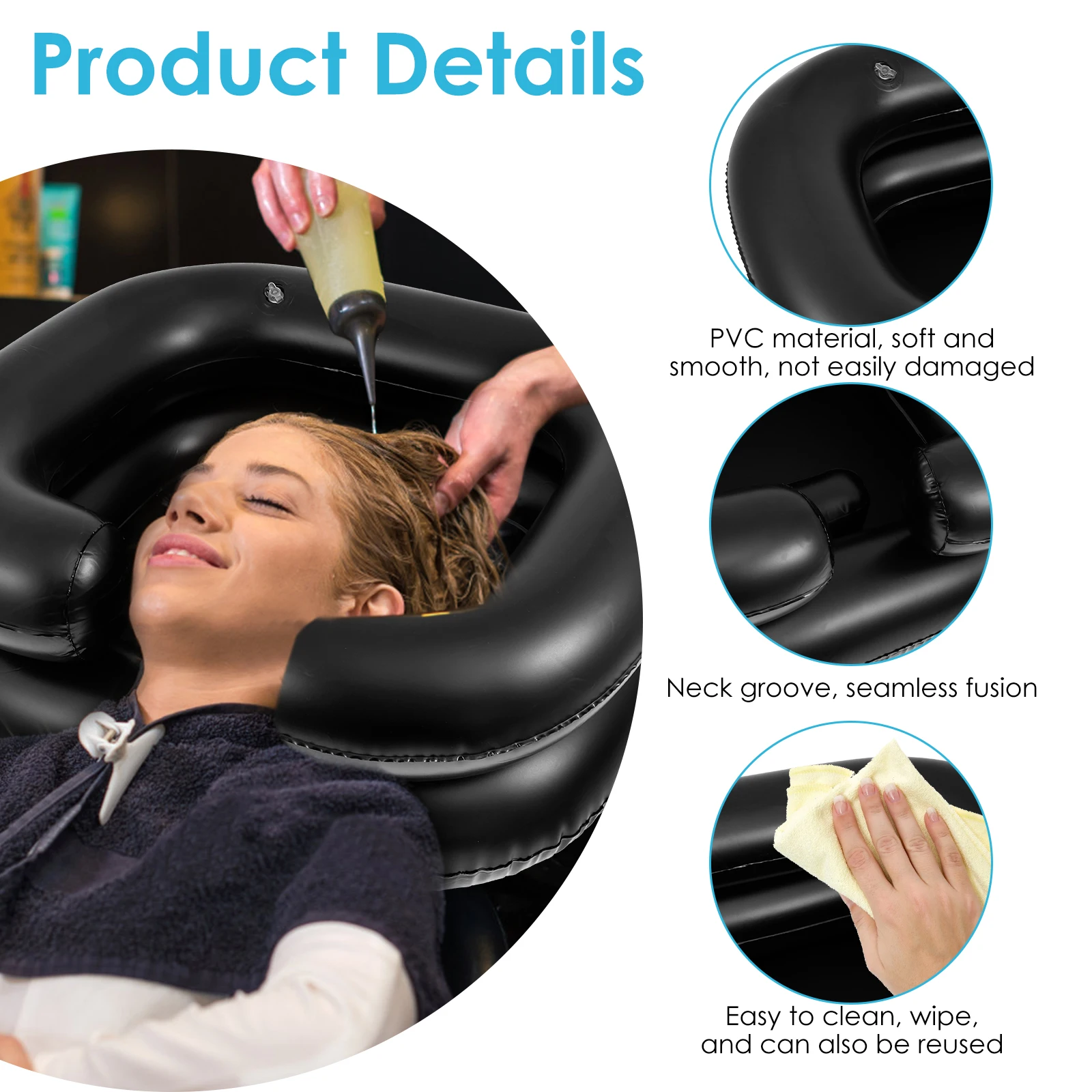 Inflatable Shampoo Basin Foldable Waterproof Hair Washing Basin with with Head and Neck Support Comfortable Hair Shampoo Bowl