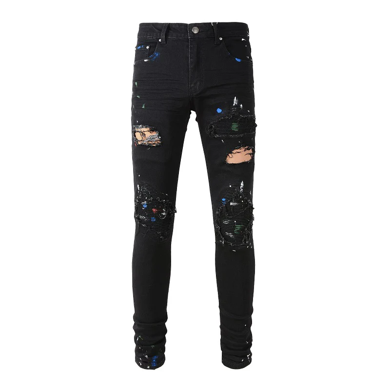 

Men's Black Graffiti Distressed Painted Streetwear Style Skinny Stretch Holes Bandana Patchwork Slim High Street Ripped Jeans