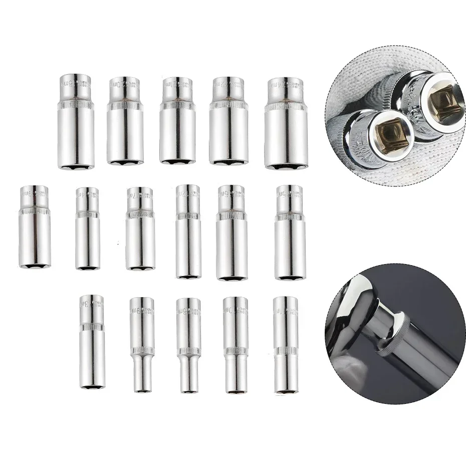 1PC 3/8inch Deep Socket Adapter Medium Fly Hex Long Socket Wrench Heads Chromium-vanadium Steel Ratchet Wrench Adapter 8-24mm 5