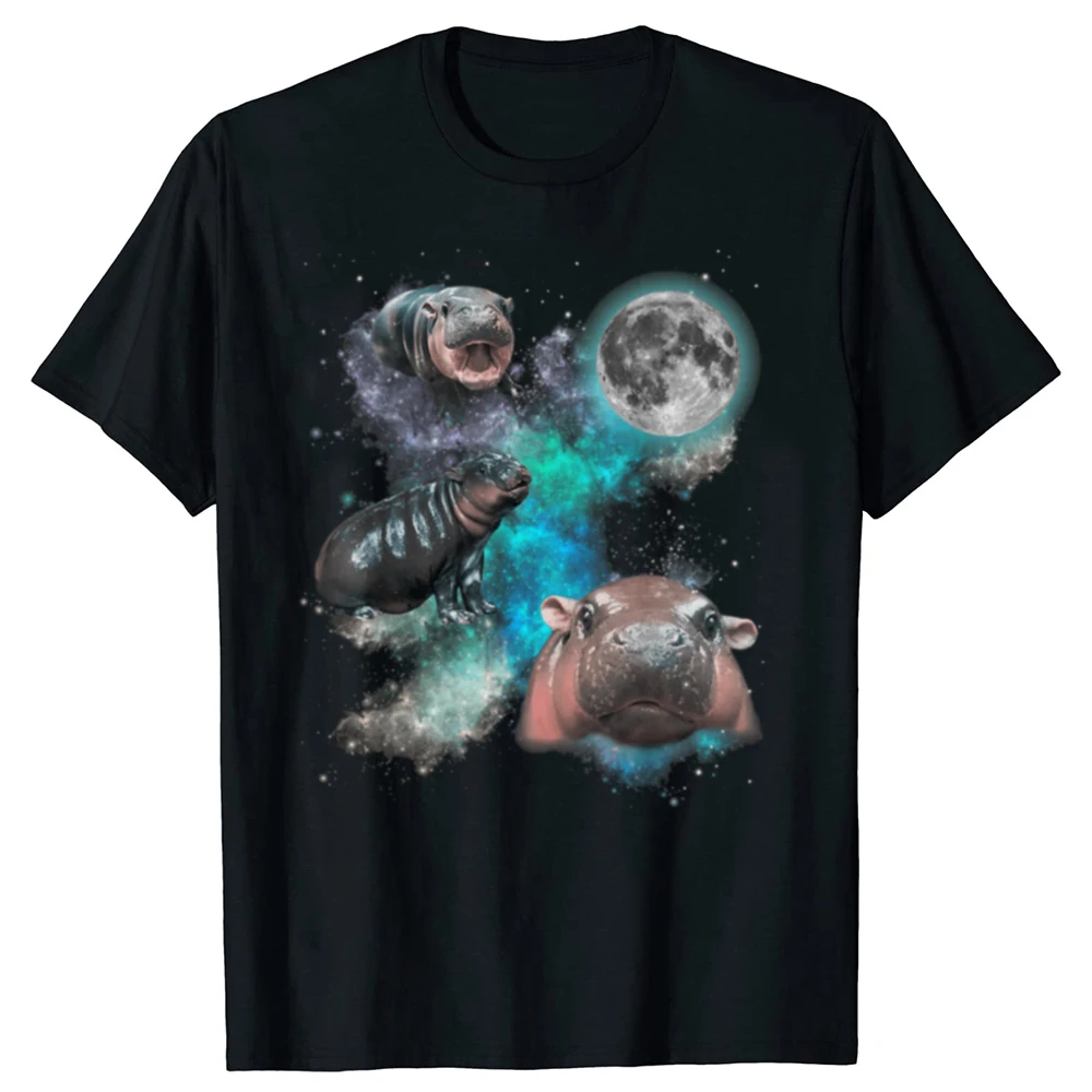 Three Moo Deng Moon Lustiges Nilpferd-Grafik-T-Shirt aus 100 % Baumwolle für Herren und Damen, modisches, lässiges T-Shirt, lockeres, übergroßes Streetwear-T-Shirt
