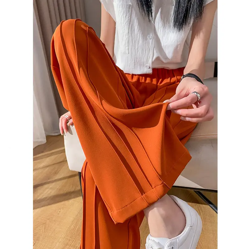 

2022 Korean Style New Arrival Summer Women Patchwork Ankle-length Pants Casual Loose Elastic Waist Straight Pants P284