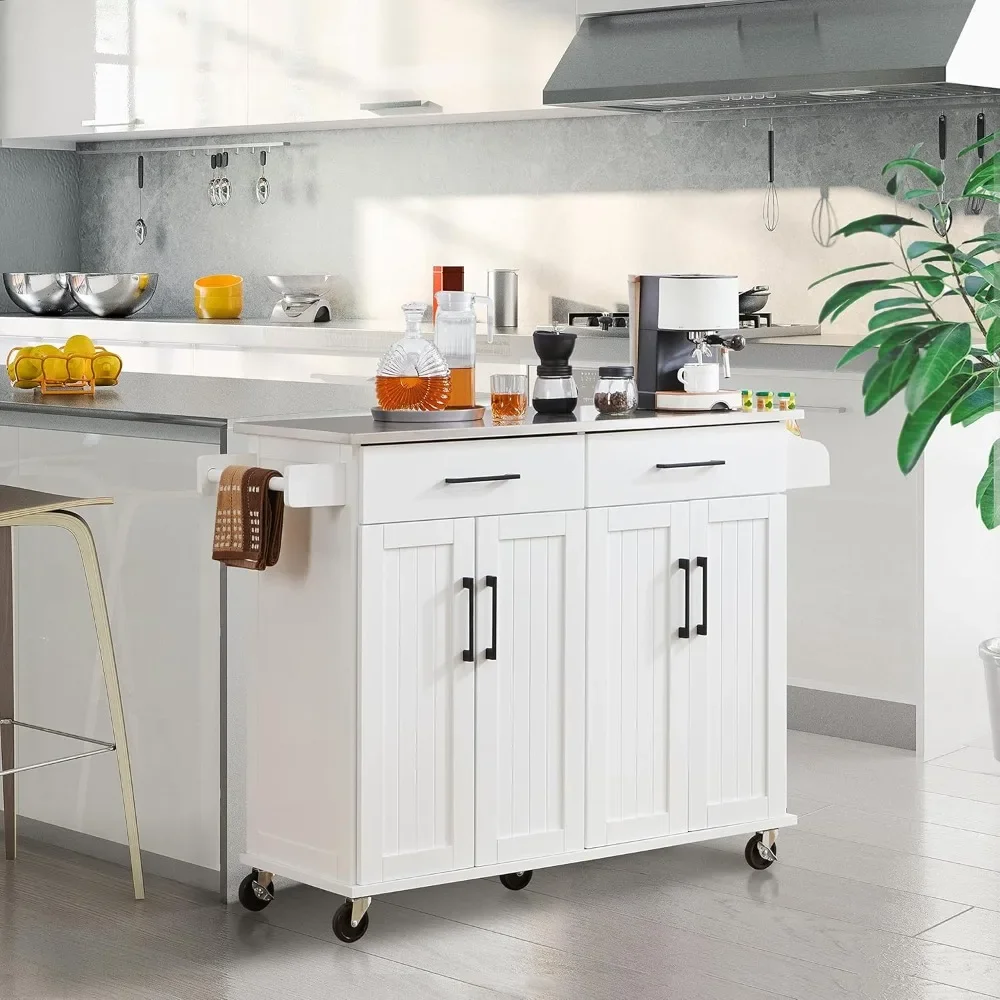 Kitchen Island Cart with Storage & Stainless Steel Countertop, Portable Kitchen Island on Wheels with Cabinet 3