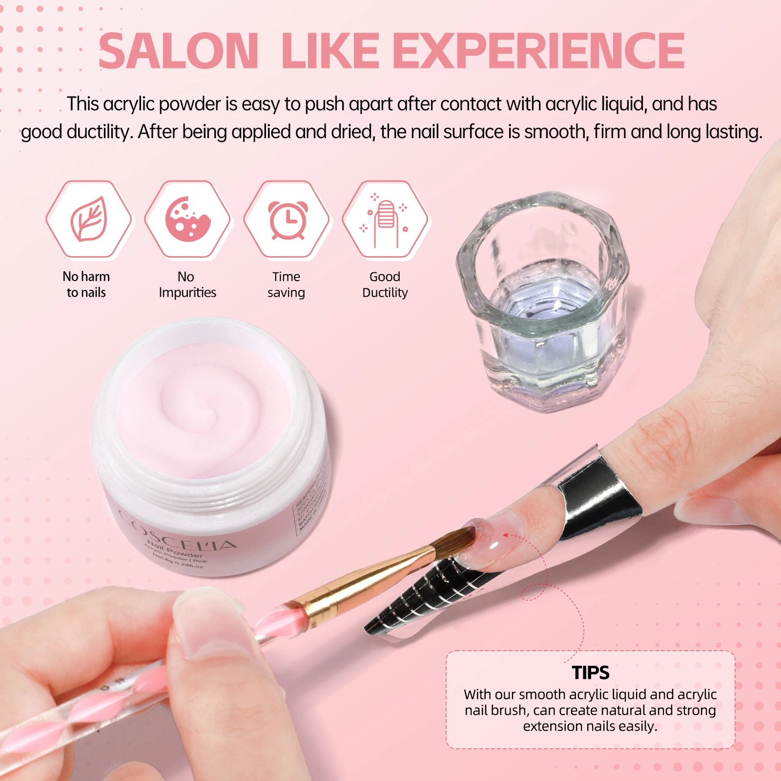 Coscelia 30ML Acrylic Liquid Kit with 3PCS Acrylic Powder and Nail Art Pen Brush for Nails Quick Nail Building Nail Tools 2