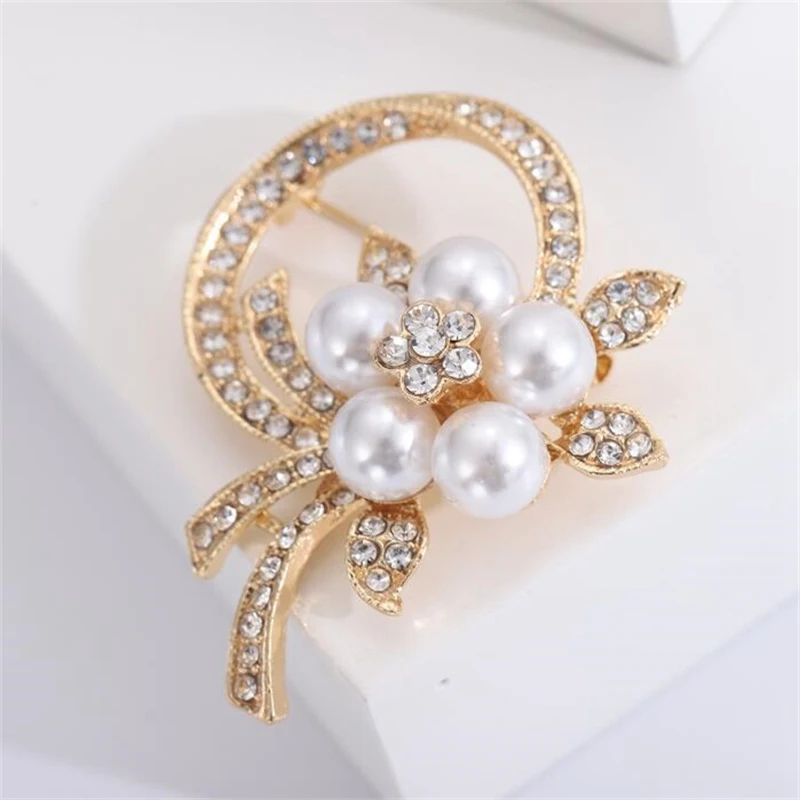 Women's Brooches Imitation Pearl Flower Rhinestone Double Layer Love Heart Pins
