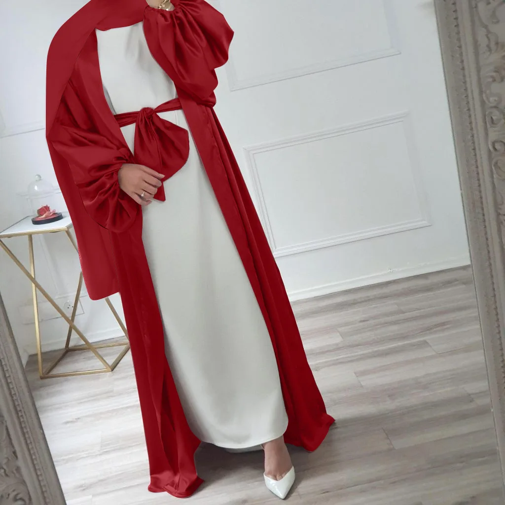 Satin Abaya Kimono Turkey Abayas for Women Dubai Muslim Fashion Hijab Dress Balloon Sleeve Islam Clothes Outfits Cardigan Kaftan
