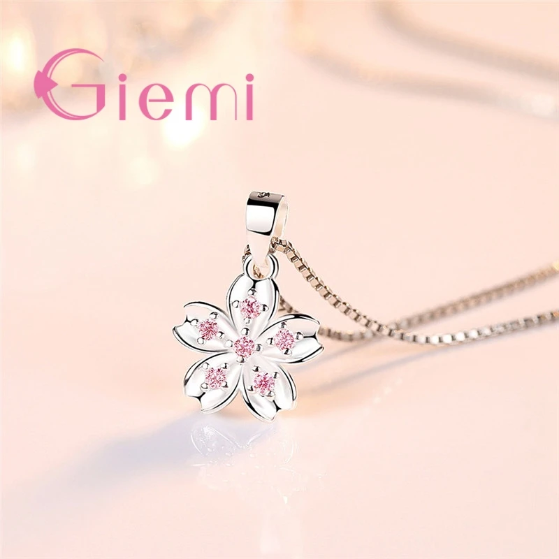 Cherry Blossoms Flowers Five Petals Design Pink Clear CZ 925 Sterling Silver Women Bridal Wedding Pendant Necklace pendant necklace silver necklace silver pendant