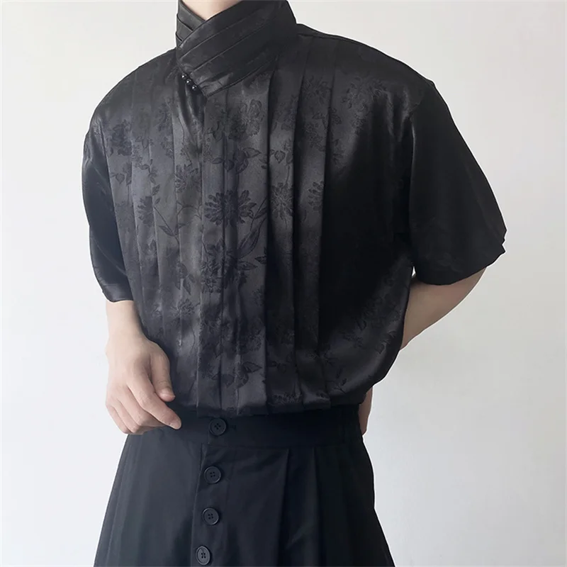 

Chinese Style improved stand-up collar shirt men's 2023 summer satin jacquard design short sleeve shirt top