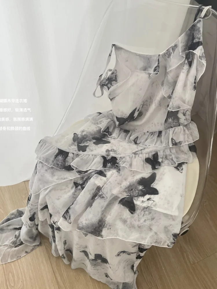 Summer Midi Dress For Women Irregular Ruffle Patchwork Straped Dresses 2024 Korean Casual Butterfly Vestidos De Fiesta