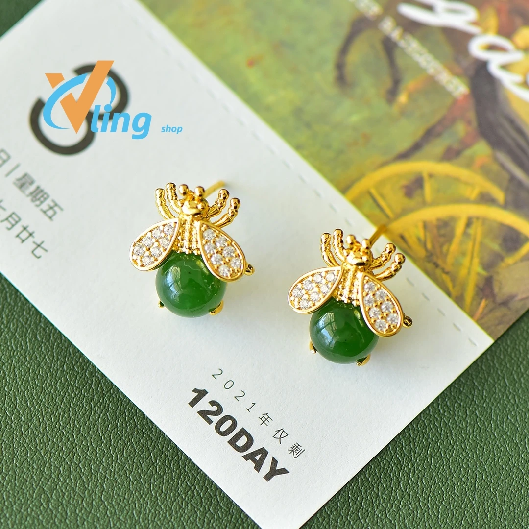 Copper inlaid Hotan Jade jasper courtesy of God little bee fashion earrings sweet girl Xia Xiaozhong earrings