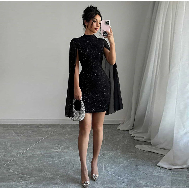 Chic frauen Schwarz Pailletten Bodycon Kleid Mock Neck Cape Ärmeln Taille Cinching Glitzernde Kleider Weibliche Abend Party Vestidos – Detail 10