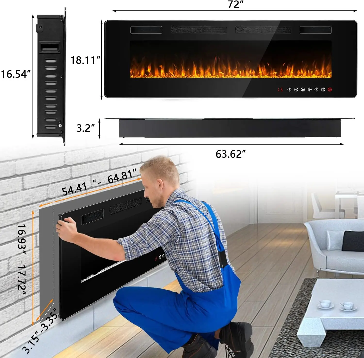 72 inch Ultra-Thin Silence Linear Electric Fireplace, Recessed Wall Mounted Fireplace, Fit for 2 x 4 and 2 x 6 Stud 5