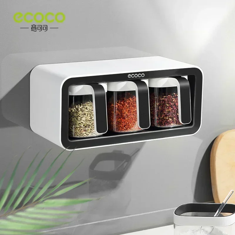 ECOCO Wall Mounted Seasoning Box Spice Storage Rack Seasoning Organizer Kitchen Accessories Salt Jar Shaker Pepper Container 2