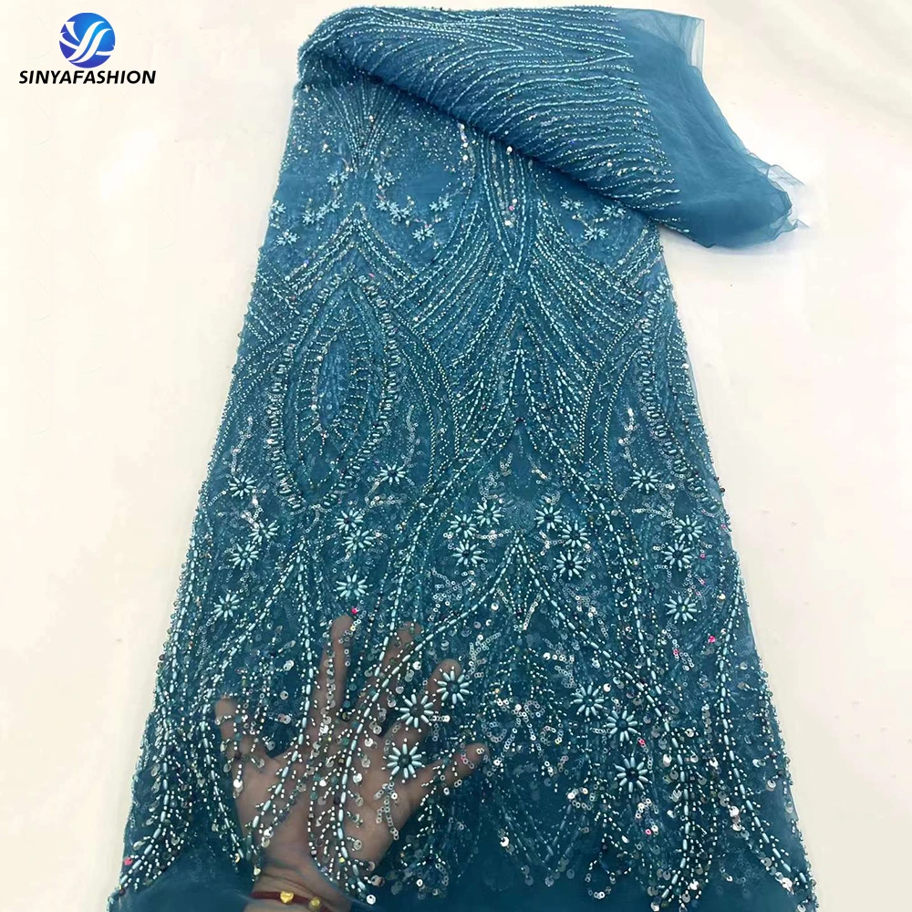

Sinya 2024 Latest African Nigerian Long Beads 3D Sequins French Net Lace High Quality Luxury Heavy Beaded Wedding Lace Fabric