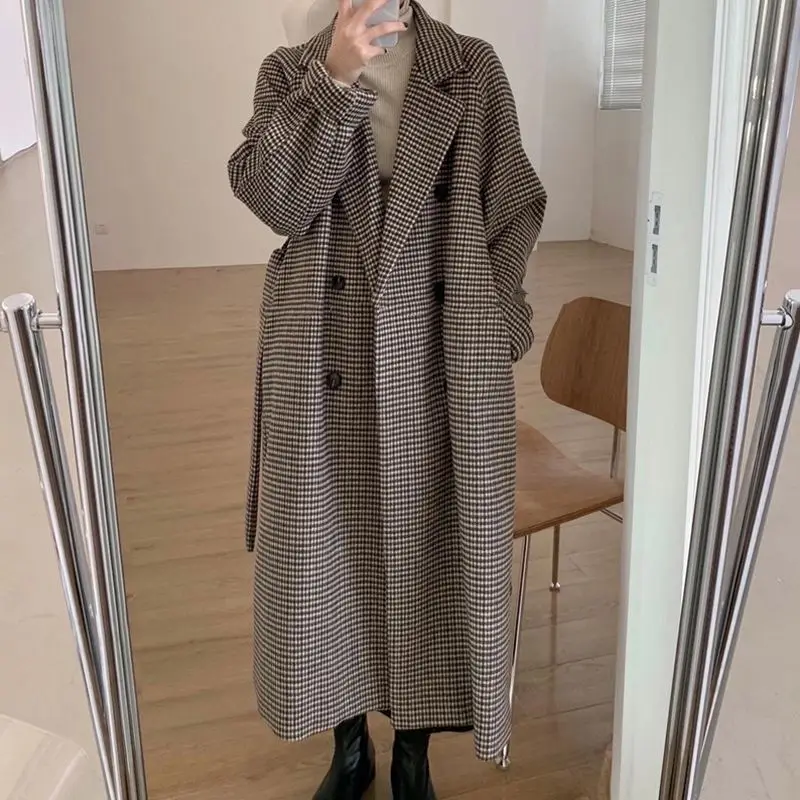 

Plaid Women's Autumn Woolen Winter New Korean Style Jacket Overcoat Grey Brown Coat Women Mature Office