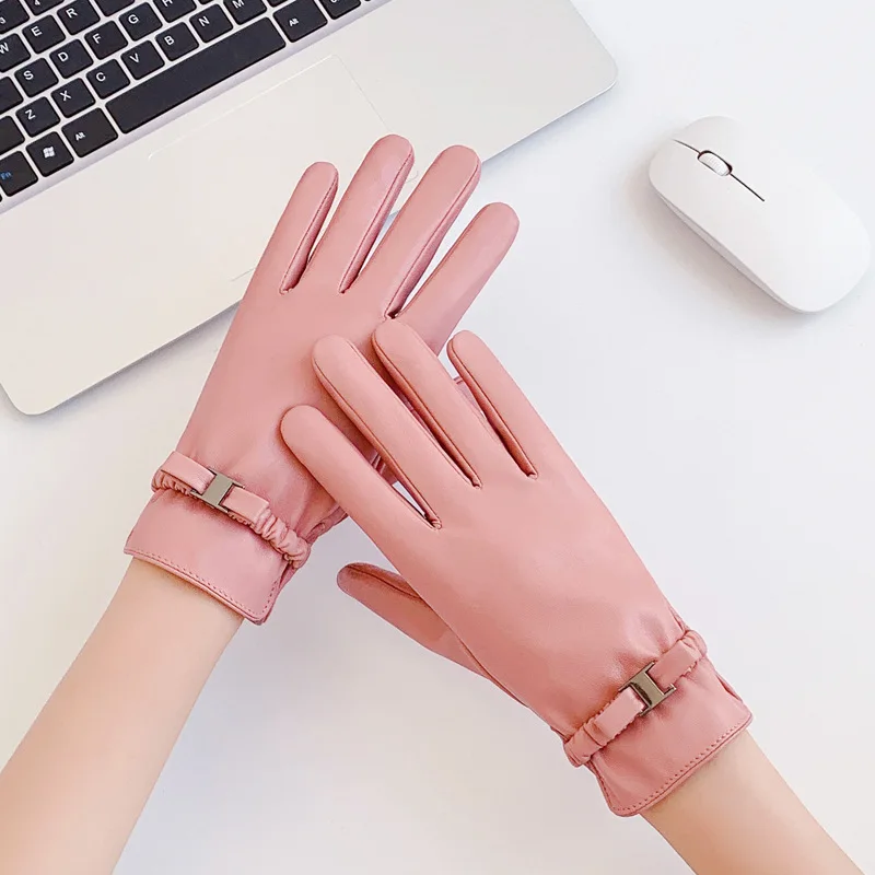 

Женские перчатки из искусственной кожи, Утепленные зимние перчатки в Корейском стиле для сенсорных экранов, ветрозащитные водонепроницаемые женские перчатки для вождения и велоспорта