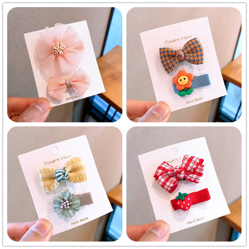 New 2pcs Gilrs Cute Bow Flower Hair Clips Lace Plaid Kint Hairpins for Baby Girls Korean Style Kid Hair Accessories