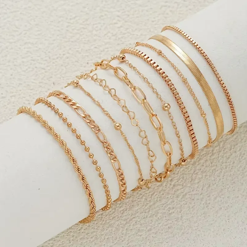 11 Pcs/Set Chic Snake Chain Bracelet Set for Women Boho Simple Elegant Heart Geometric Chain Vacation Date Casual Jewelry Gifts
