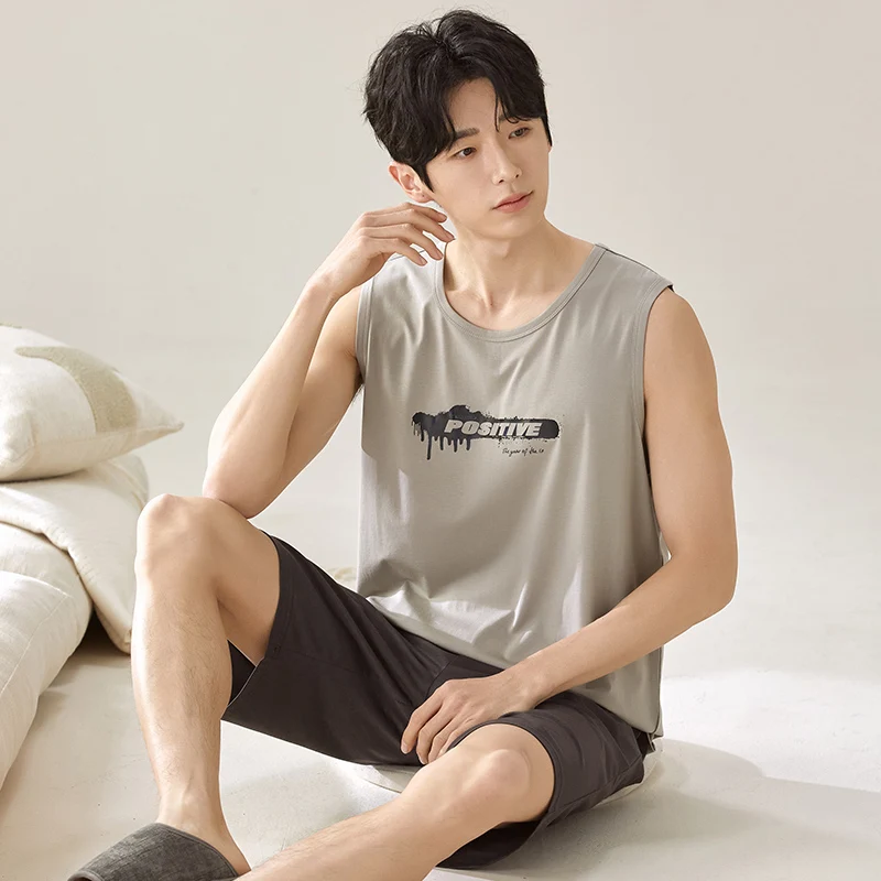 2025 신상 남성 모달 나이트웨어 여름 얇고 부드러운 홈웨어 청년 남성 민소매 수면 상의 & 하의 파자마 세트 남성 잠옷