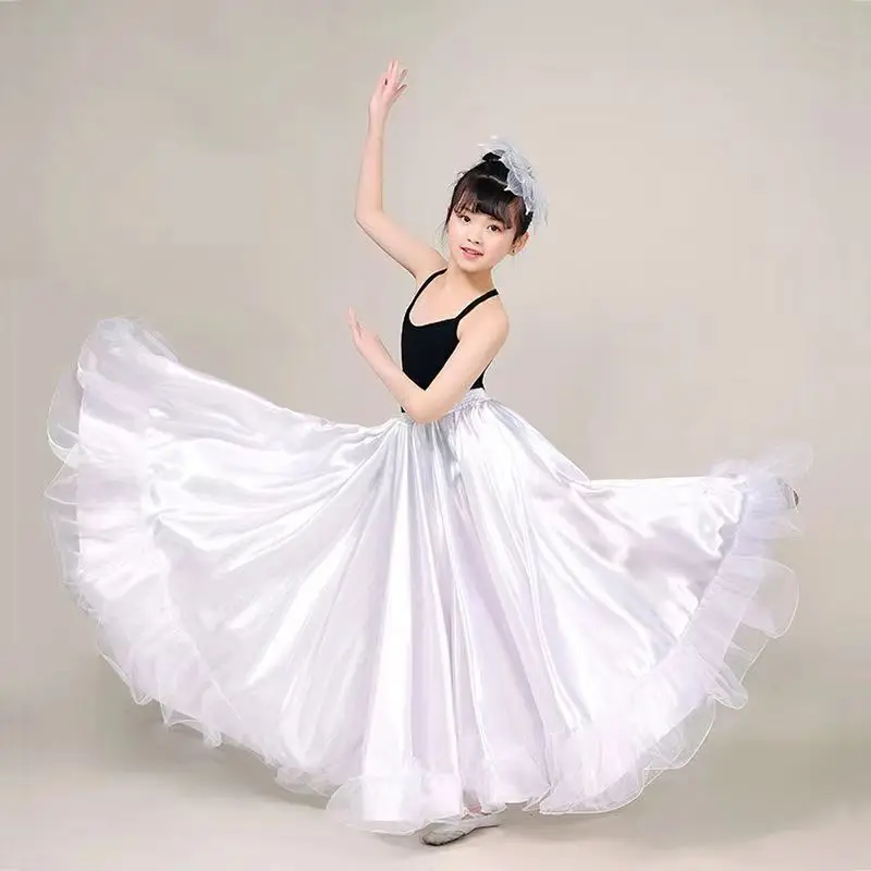 Kid Girl Gypsy Spanish Flamenco Skirt Satin Smooth Big Swing Carnival Party Ballroom Belly Dance Festival Stage Costume