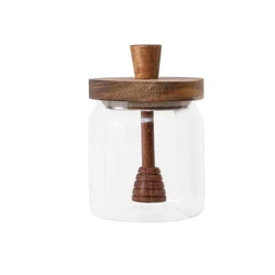 Premium Borosilicate Glass Honey Jar with Wooden Lid and Dipper (Honey-Jar)