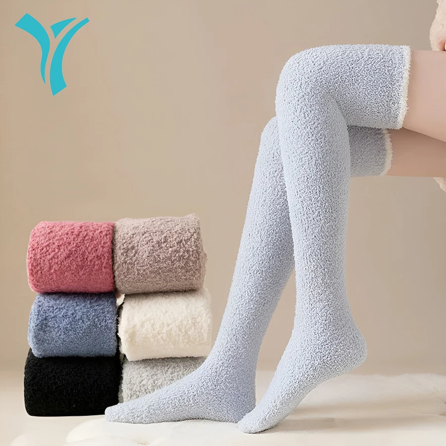 1 Pair Women Knee High Fuzzy Socks Soft Long Thigh High Warm stockings Cozy Slipper Plush Socks cotton socks