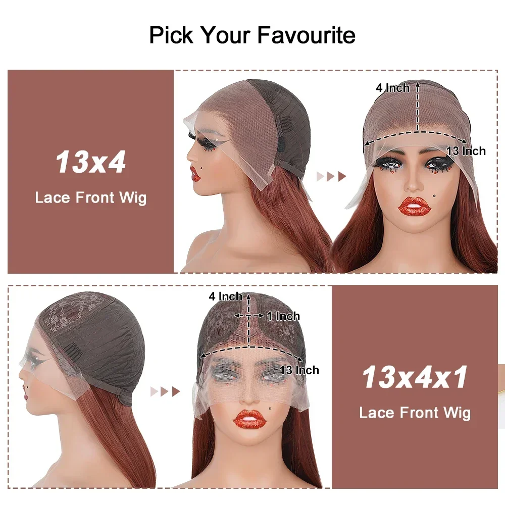 Reddish Brown Body Wave Lace Front Wigs Pre Plucked 180 Density Auburn Colored Synthetic Glueless Wigs For Women